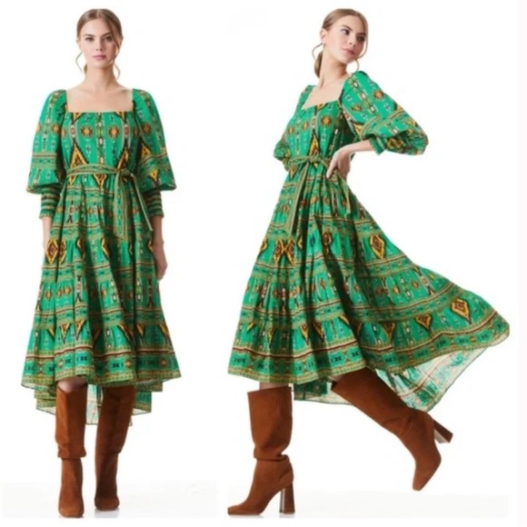 Alice + Olivia Rowen Square Neck Midi Dress Ethnic Bohemian Print XS NWT - Picture 1 of 6